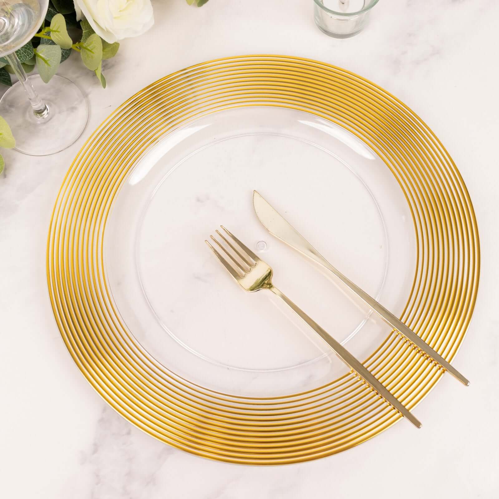 6-Pack Plastic Charger Plates 13" Round Clear with Gold Lined Ring Rim - Classy Dinner Serving Plates
